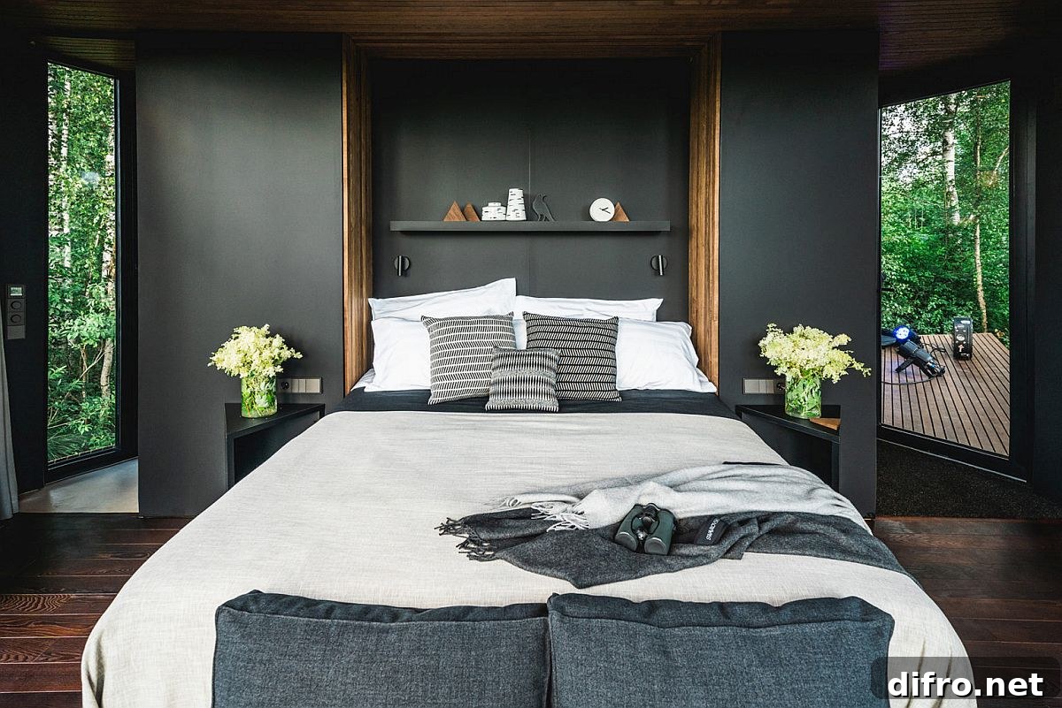 Contemporary bedroom with gray backdrop
