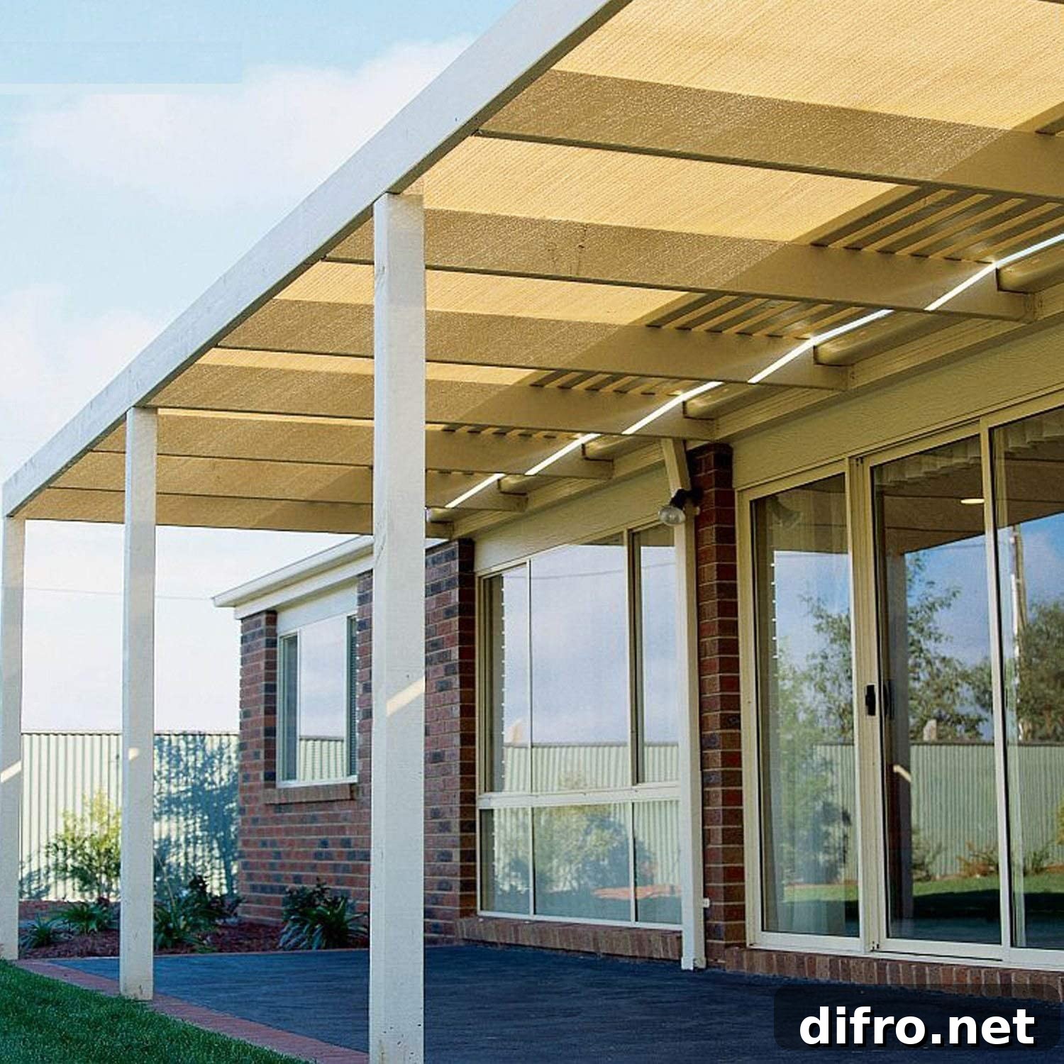 Shaded balcony with two white poles