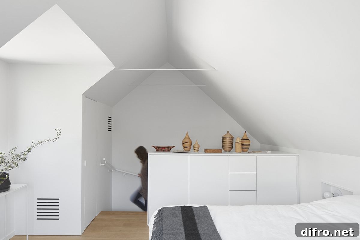 Modern minimal bedroom in white on the upper level of the home