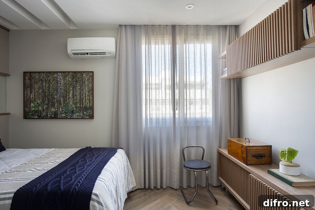 Custom cabinets in the bedroom add another space-saving feature to the interior