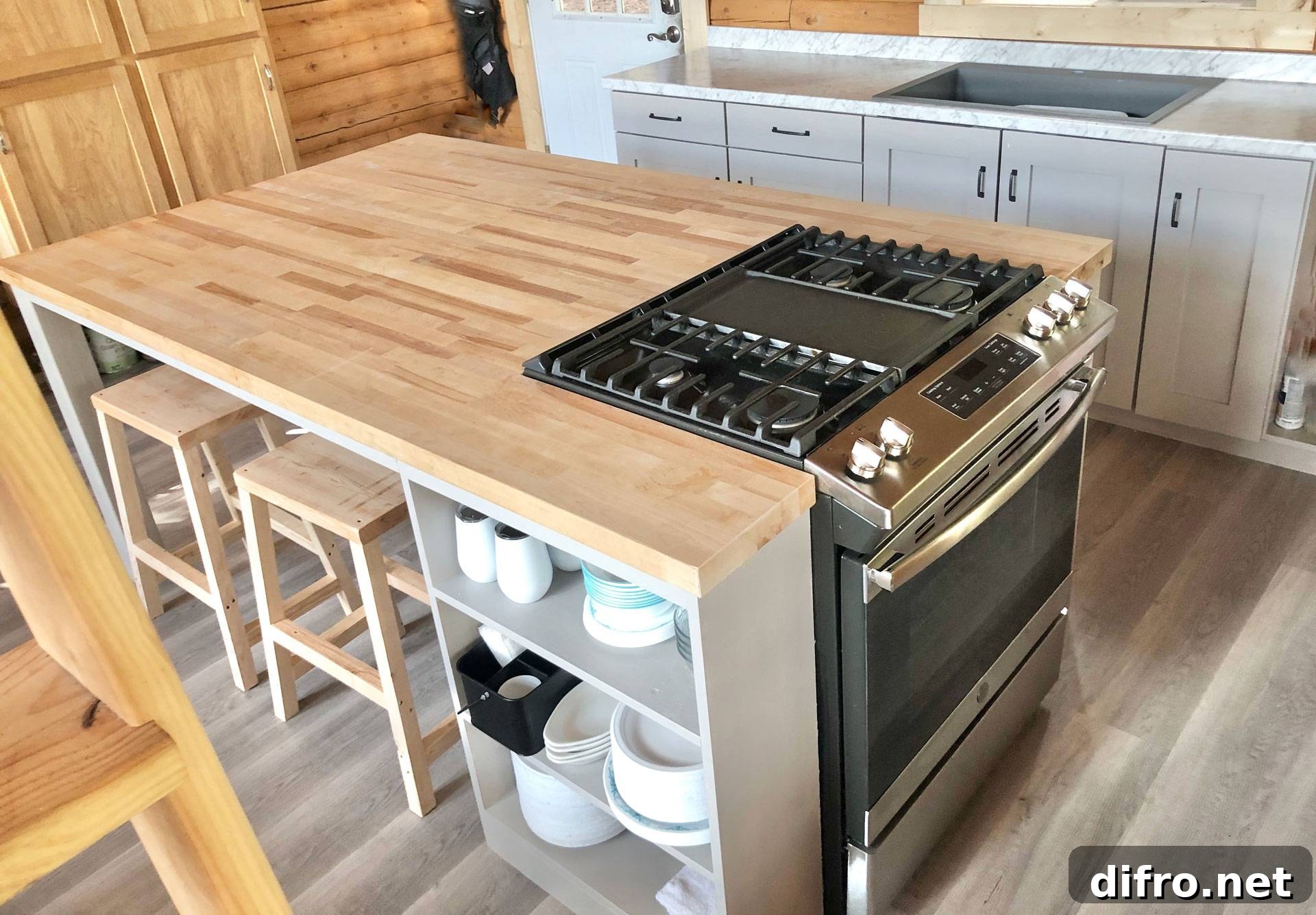 Wooden table with built-in cooking range