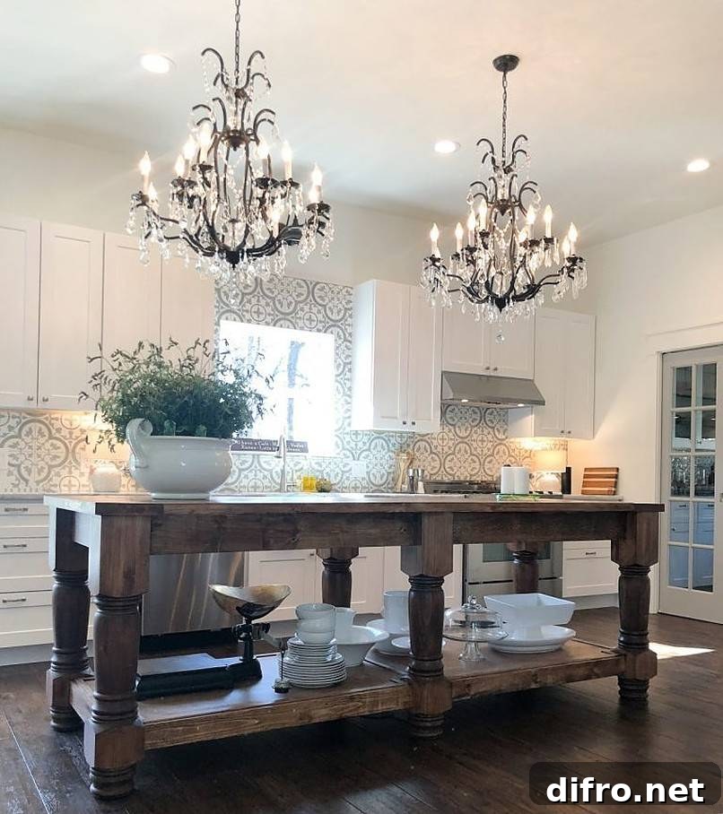 Two chandeliers above a table