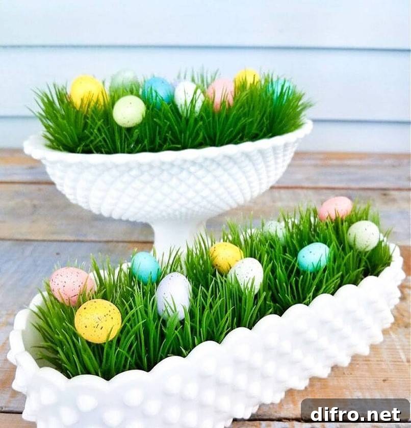 Small eggs in faux grass planters
