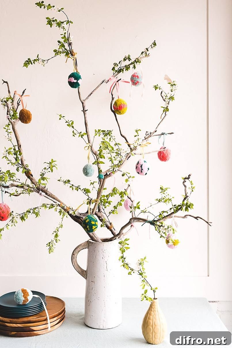 Colorful eggs on potted plant