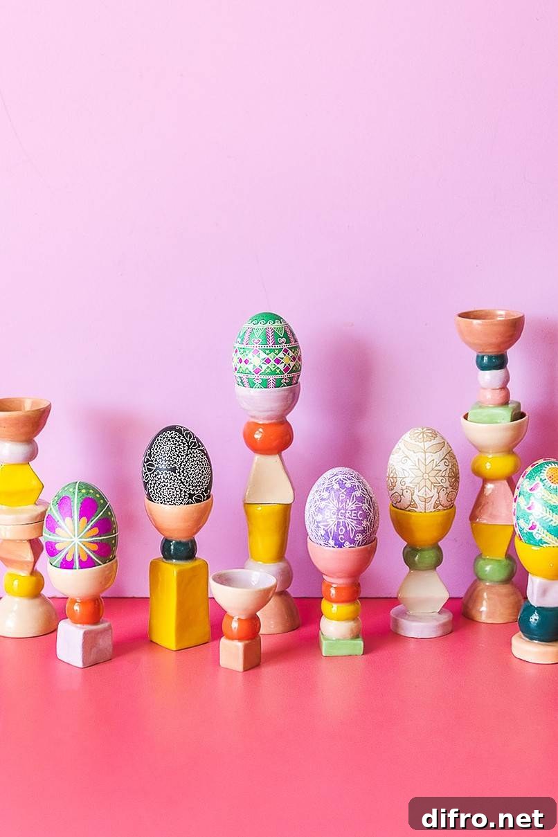 Colorful eggs on stands