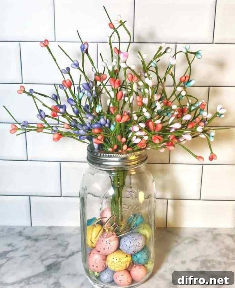 Colorful eggs inside a mason jar with flowers