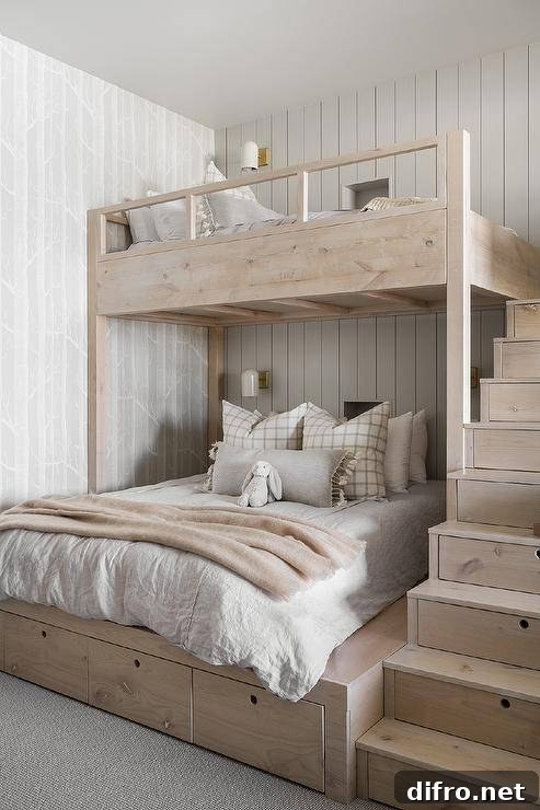 bunk beds with stair storage white bedding wood 