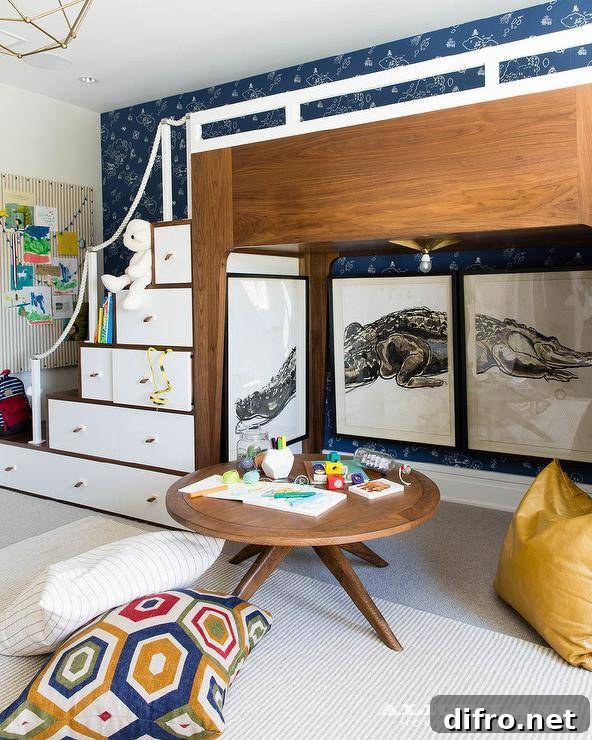 elevated bunk bed with open play space underneath alligator wall art kids play table room