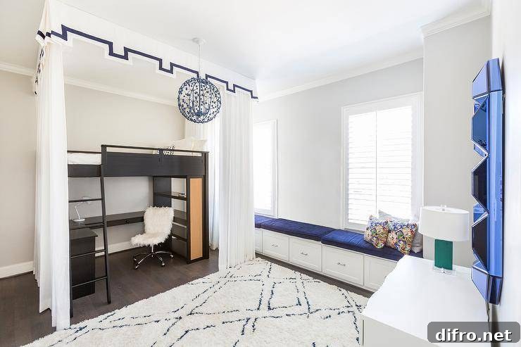 desk under bunk bed bedroom white carpet orb chandelier 