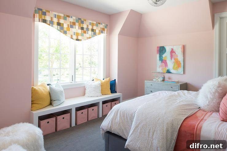 window seat bench with pink storage boxes bedroom bed blue yellow pillows