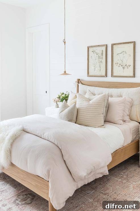bed white bedding hanging light wall art