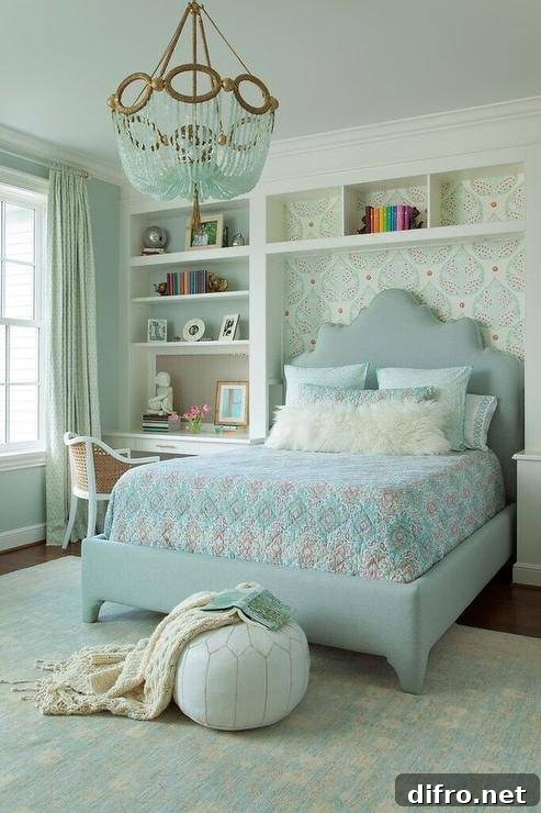 bookshelf bed blue chandelier floor pouf