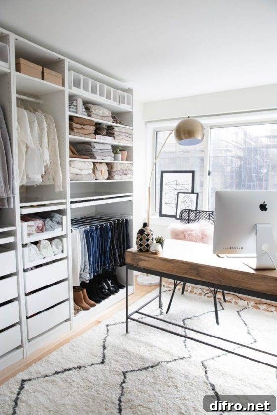 floor to ceiling closet clothes desk in front of big window