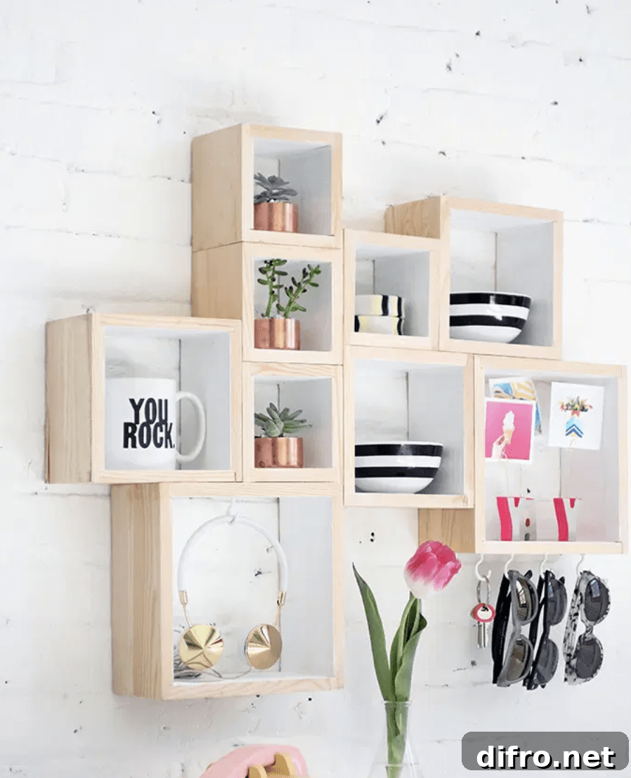floating cube shelf on brick wall background cups sunglasses plants