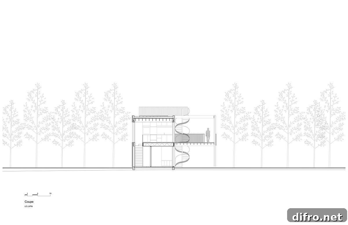 Sectional view of the modern, white Le Lupin House in Canada