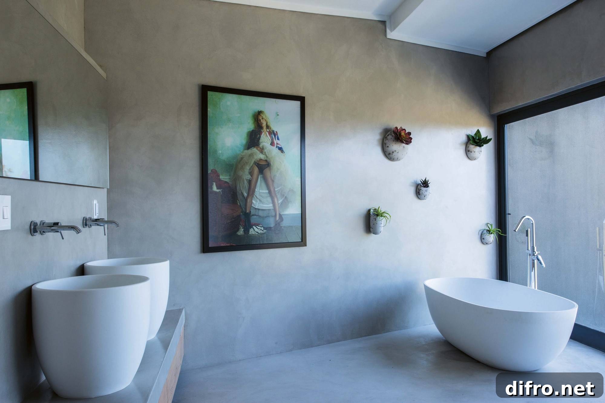 Wall-mounted plants inside a polished, spa-inspired bathroom at Imbizo House