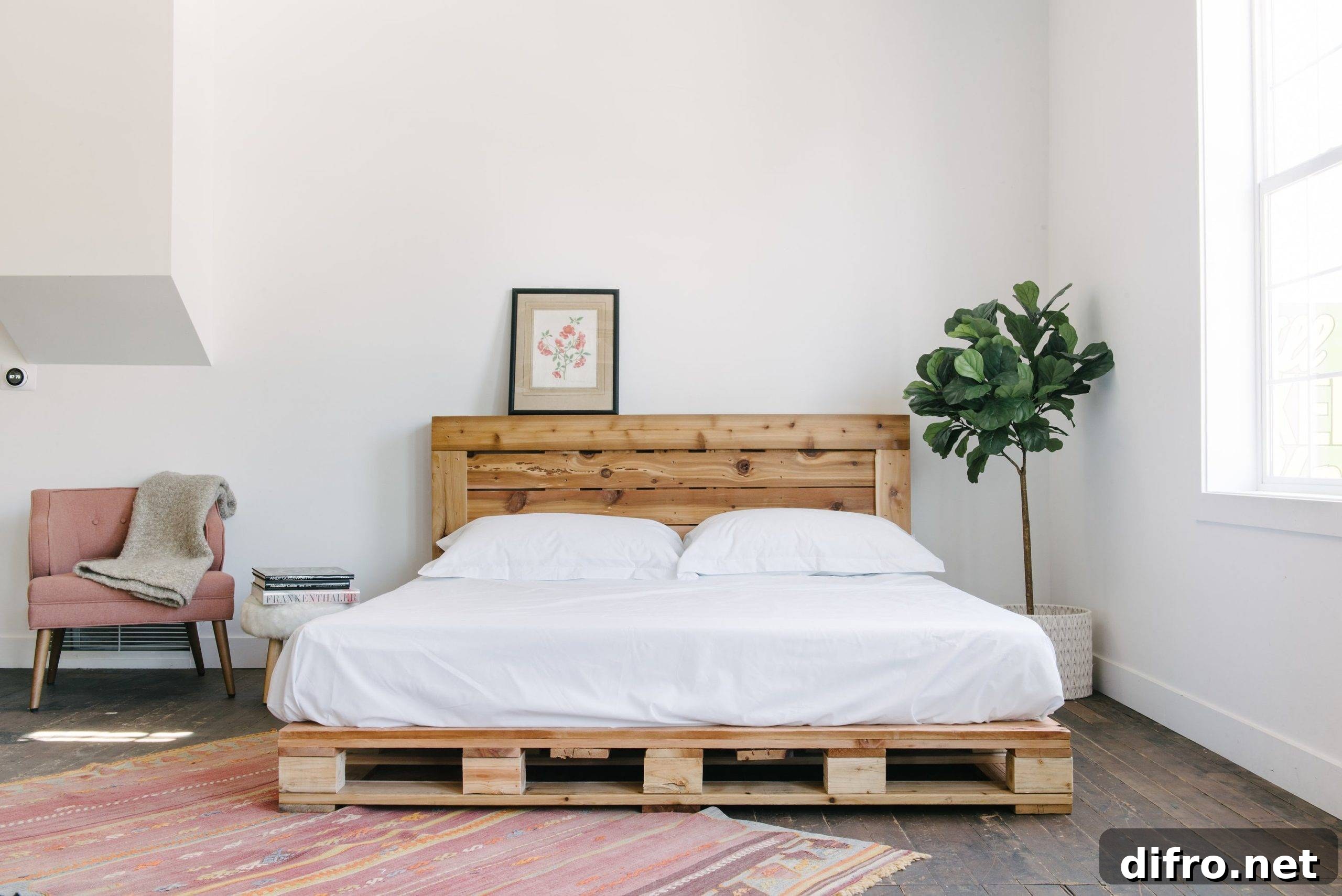 Modern minimalist decor chic pallet board bed frame white bedding