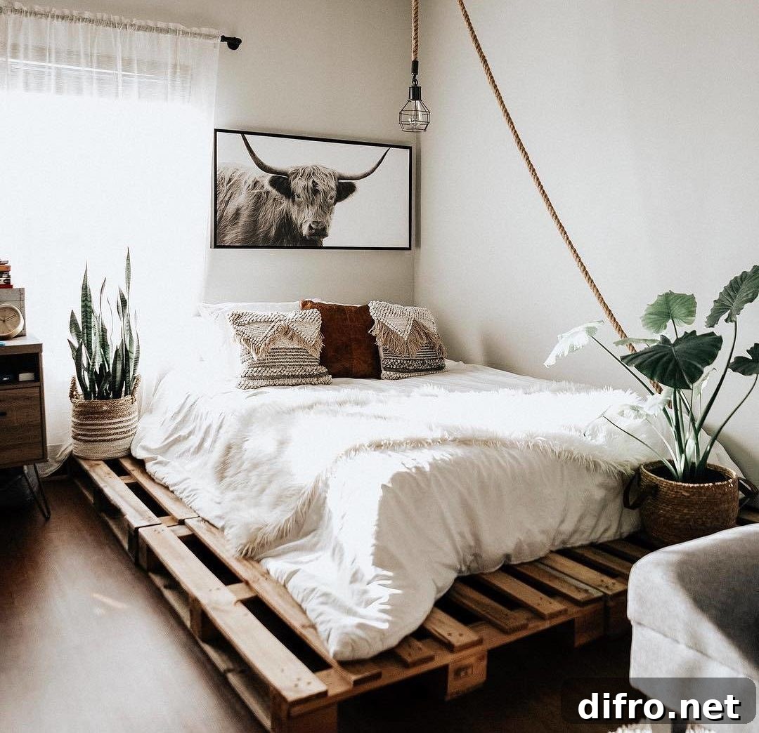 Modern Minimalist Boho Western Bedroom Decor Pallet Bed Feminine Cattle Art