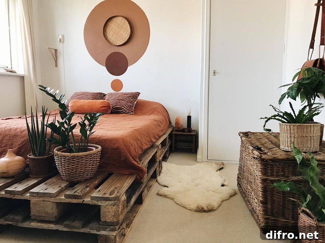 Terra cotta earth tones and wicker baskets compliment the natural worn wood of the pallet bed frame in this rustic-chic room
