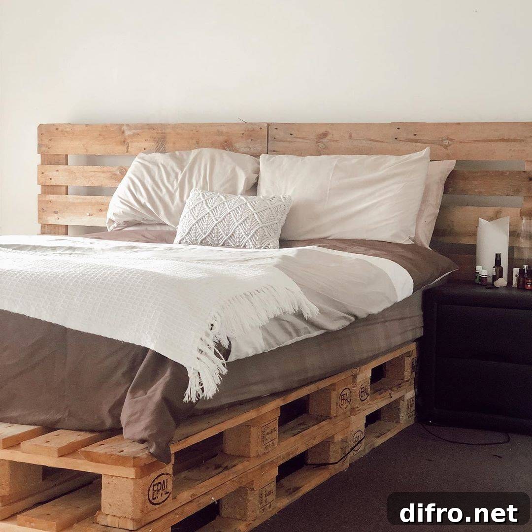 DIY Wood Pallet Bed Minimalist Decor Grey Fringe Bedding Textured Throw Pillow
