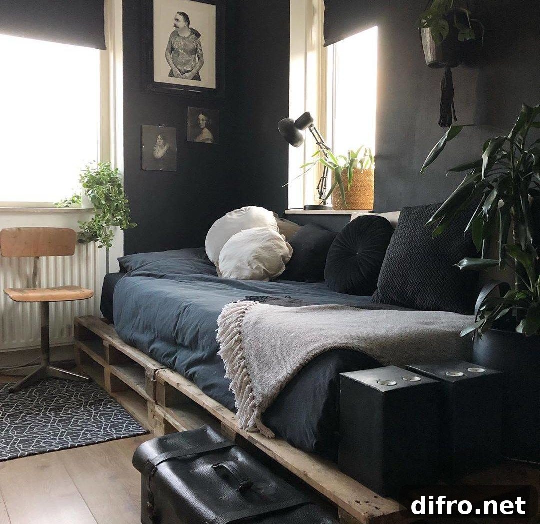 Dark Black Navy Bedroom Mens Pallet Bed Frame Natural Light
