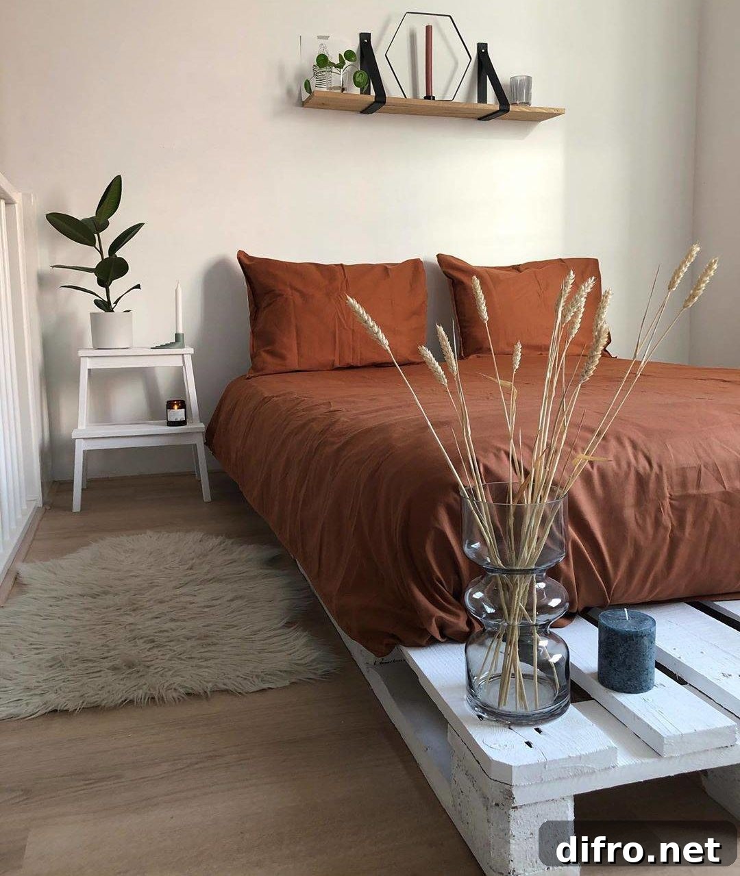 Terra Cotta Bedding Minimalist White Pallet Bed DIY Frame Modern Decor Fur Rug