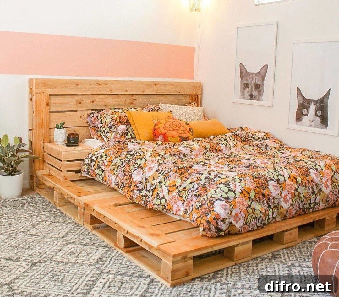 Chic Modern Floral Pallet Bed Frame Side Table Pink Geo Carpet Cat Art
