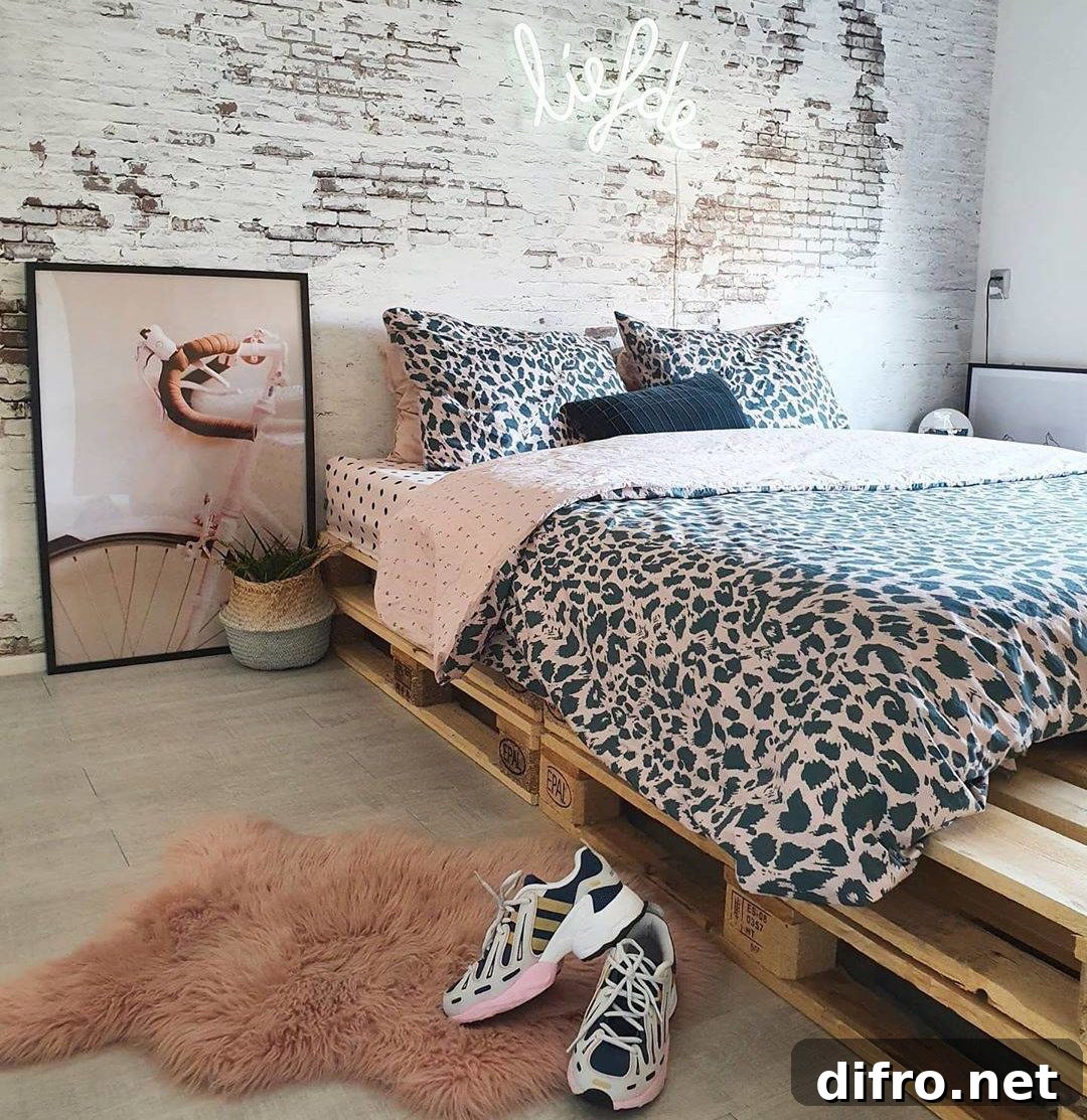 Modern Feminine Chic Leopard Print Bedding Neon Sign Pallet Bed Frame Fur Carpet