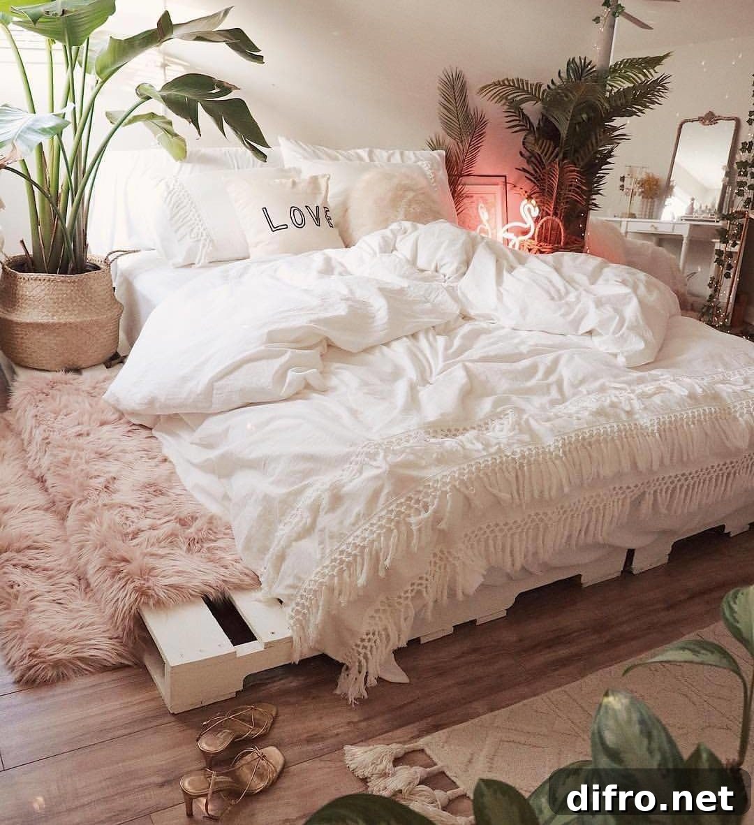 Modern Chic Feminine Bedroom Pallet Bed Natural Brick Wall Neon Sign Decor Fur Carpet
