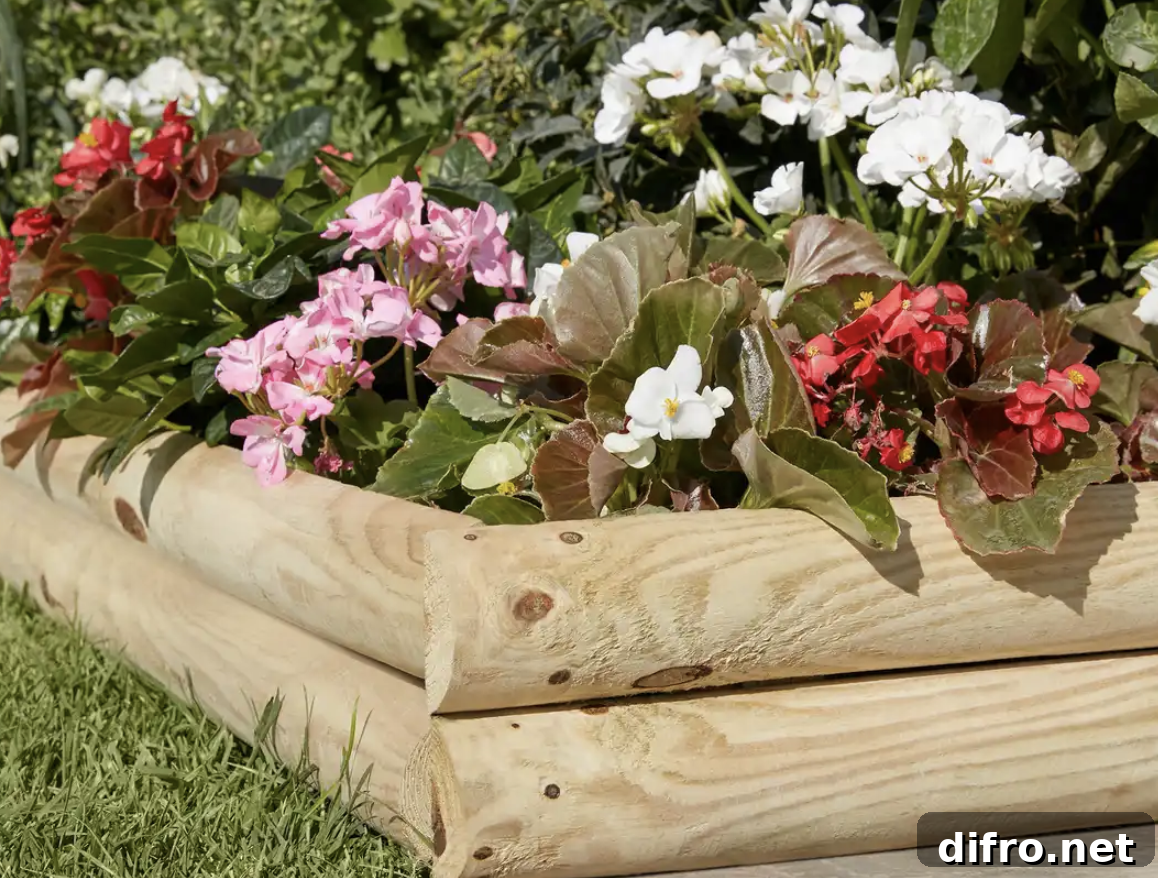 36 Lawn Edging Ideas to Define Your Yard 18 close up of timber logs stacked to form garden bed edging