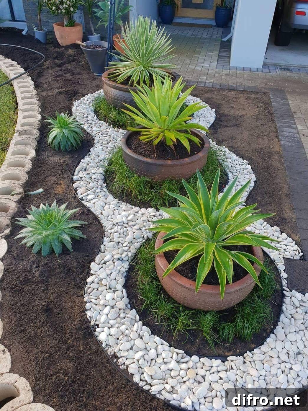 36 Lawn Edging Ideas to Define Your Yard 21 Three big potted plant surrounded by white stones