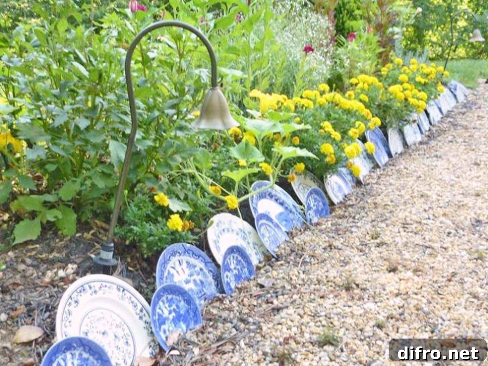 36 Lawn Edging Ideas to Define Your Yard 22 Blue and white plates lined on the ground