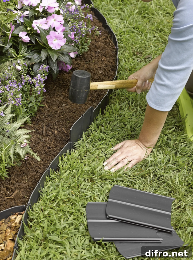 36 Lawn Edging Ideas to Define Your Yard 4 woman pounding in plastic lawn edging between garden bed and grass