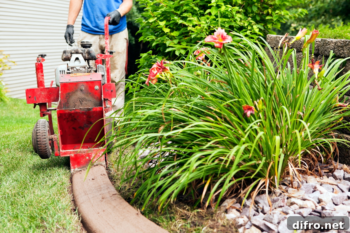 36 Lawn Edging Ideas to Define Your Yard 5 worker using curbing machine to install concrete edging around garden bed