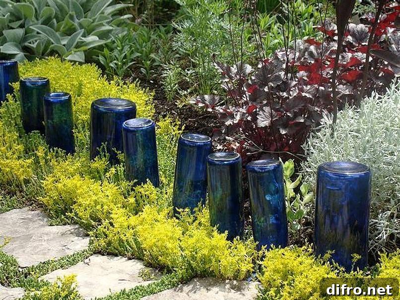 36 Lawn Edging Ideas to Define Your Yard 6 Upside down blue bottles