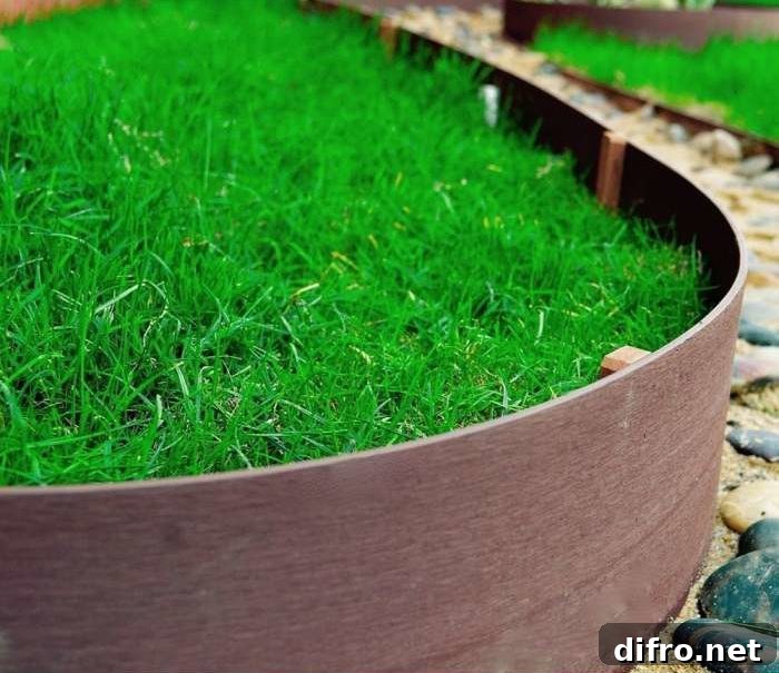 36 Lawn Edging Ideas to Define Your Yard 8 rolled plastic hardwood look edging around grass close up