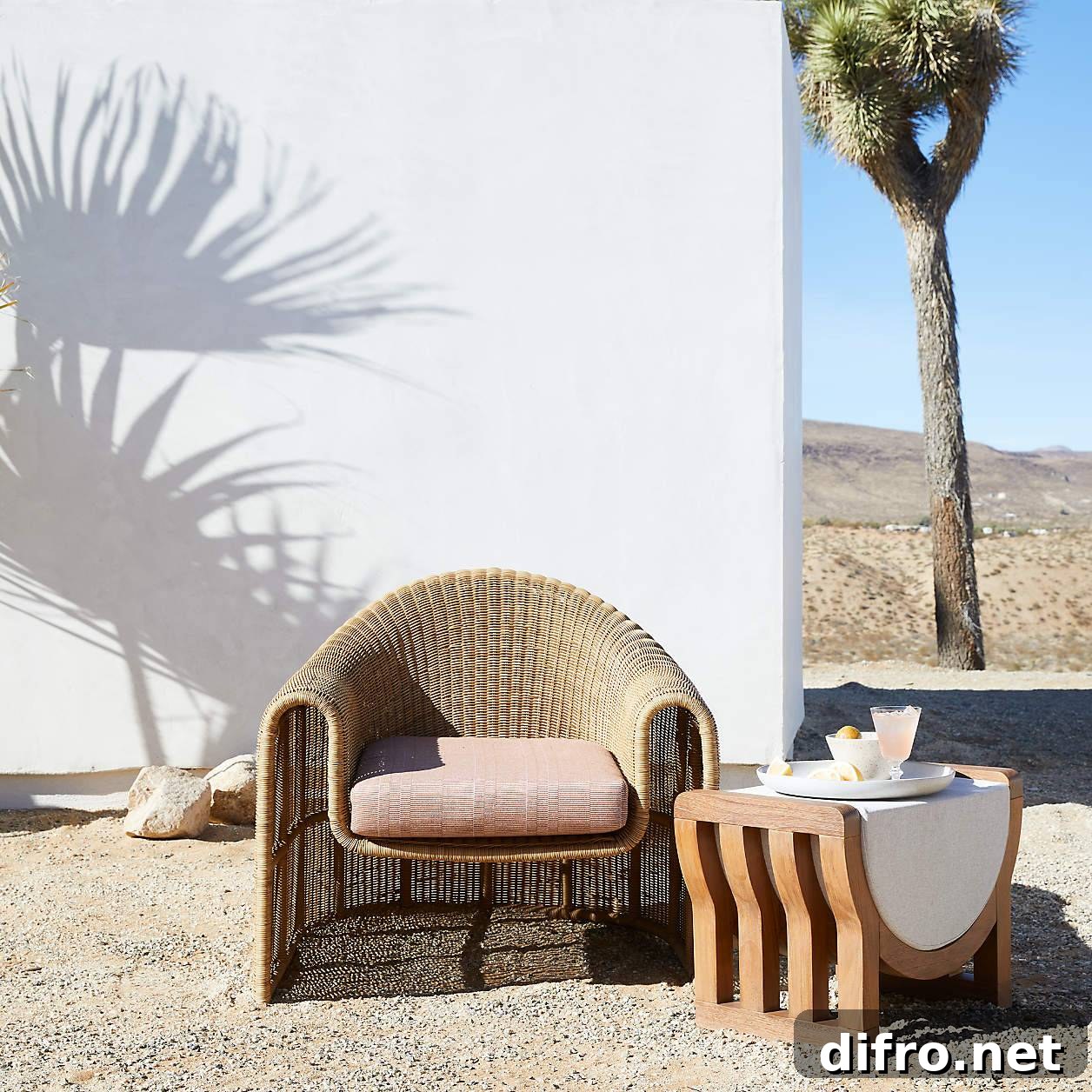 Mid Century Modern Rattan Wicker Lounge Chair Desert Patio Trendy Side Table