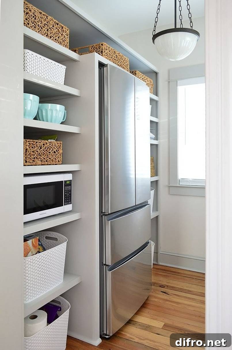 Refrigerator surrounded by shelves