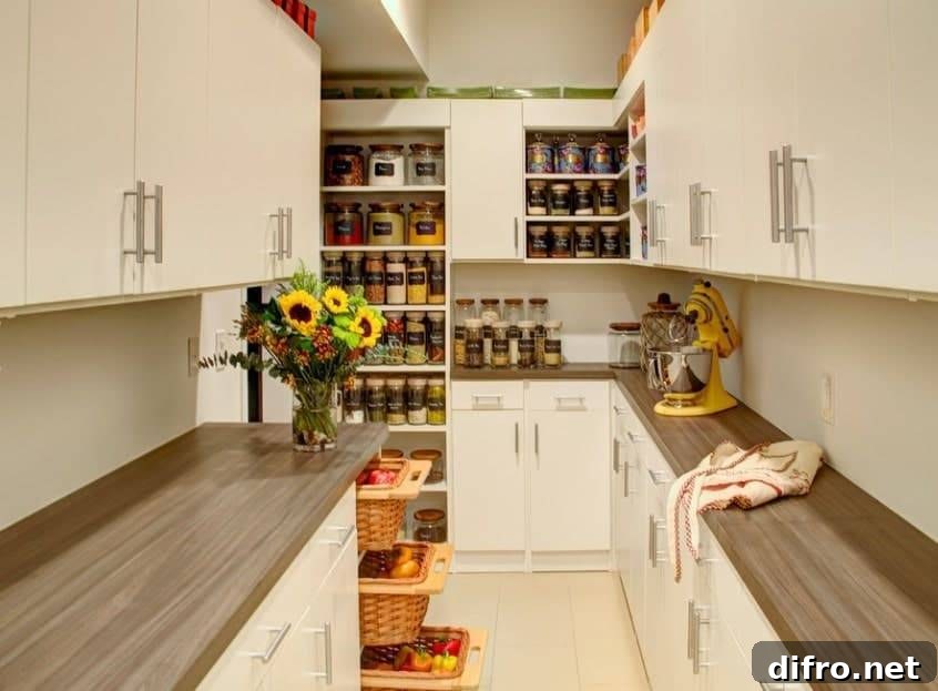Walk-in pantry with cabinets and sliding drawers