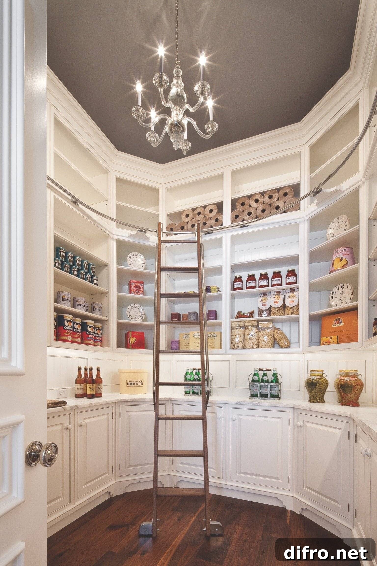 Round pantry with ladder and chandelier