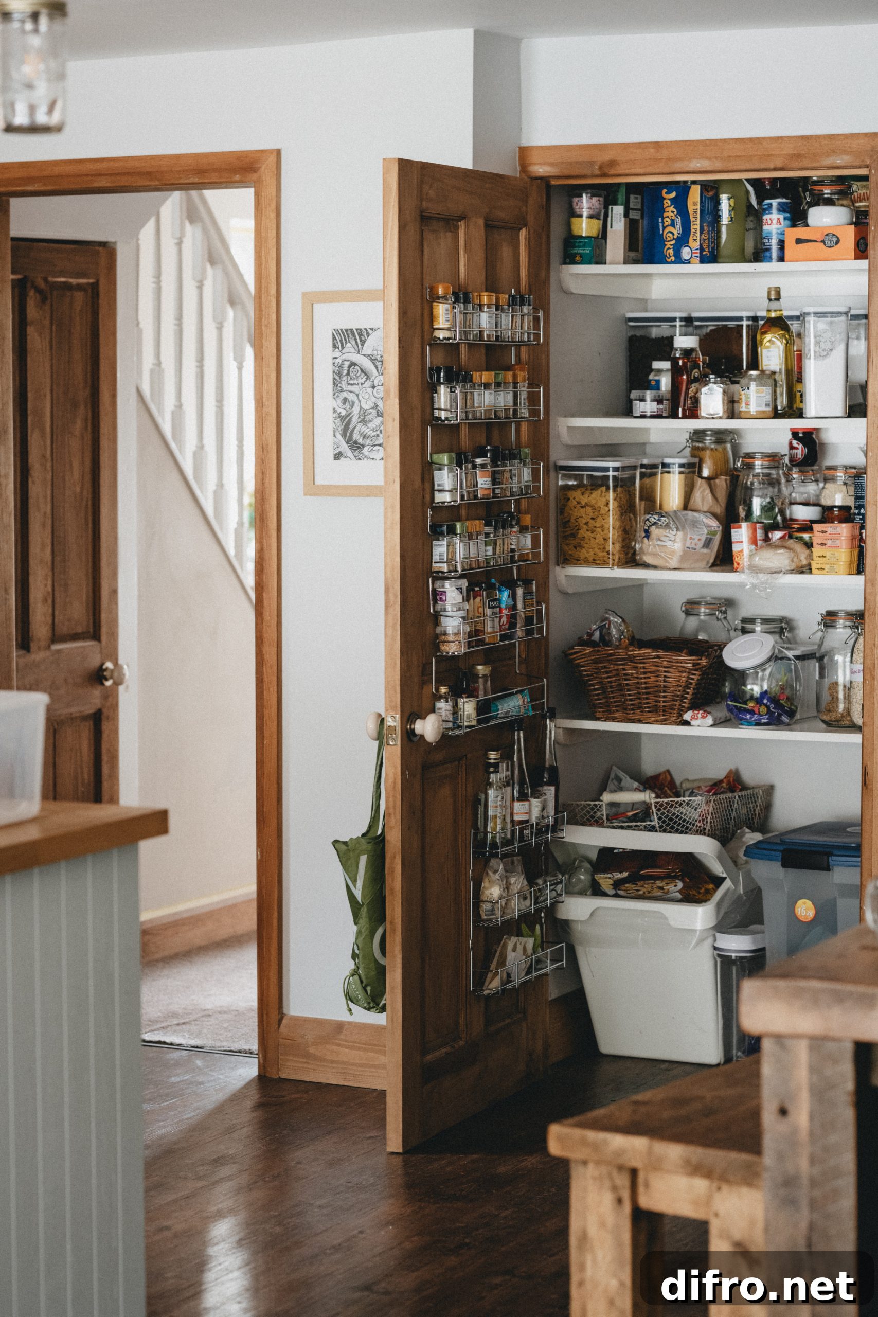Open pantry door with spice rack