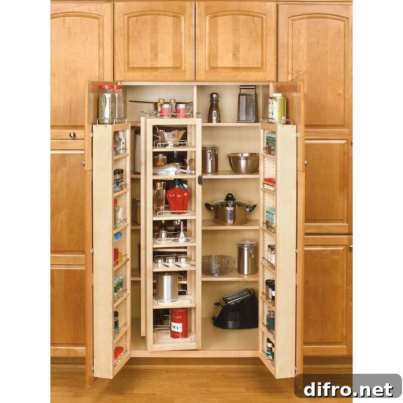 Open cabinet pantry full of things