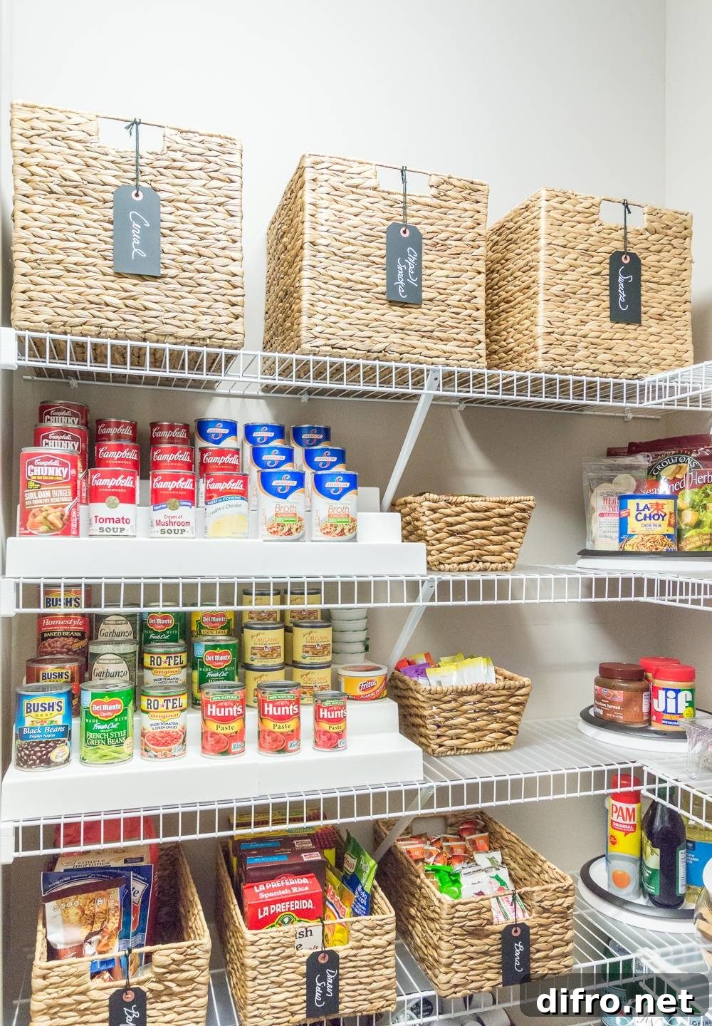 Wicker baskets and racks inside a pantry