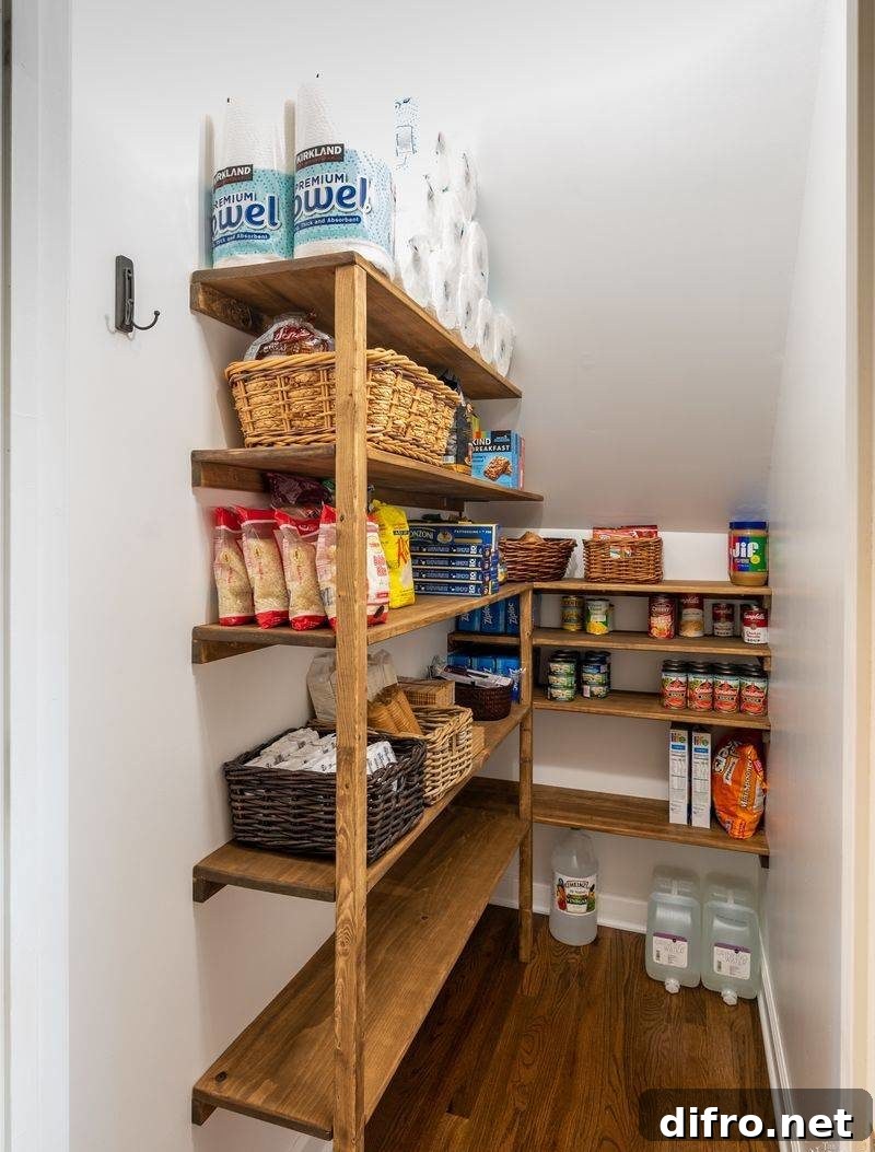 Walk-in pantry with wooden shelves