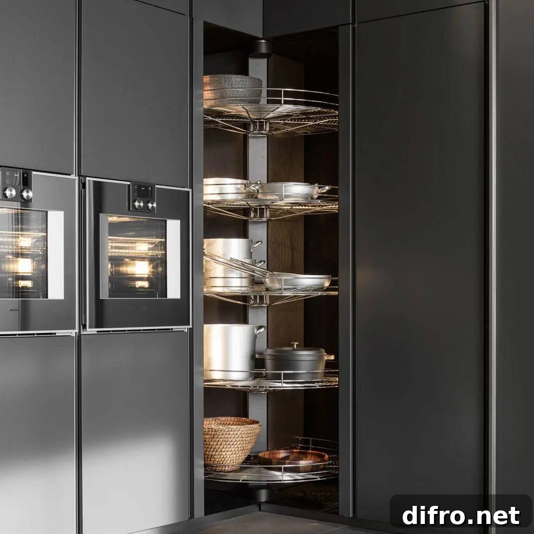 Revolving shelves with kitchenware