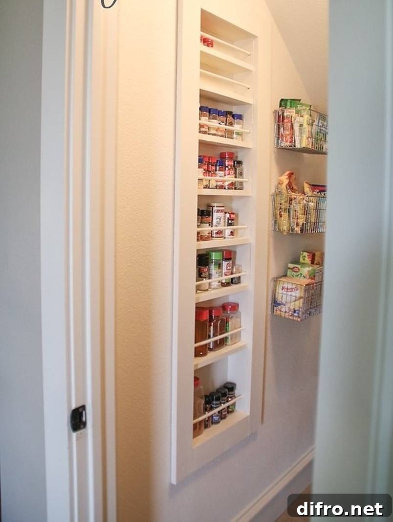 Built-in spice rack in white wall