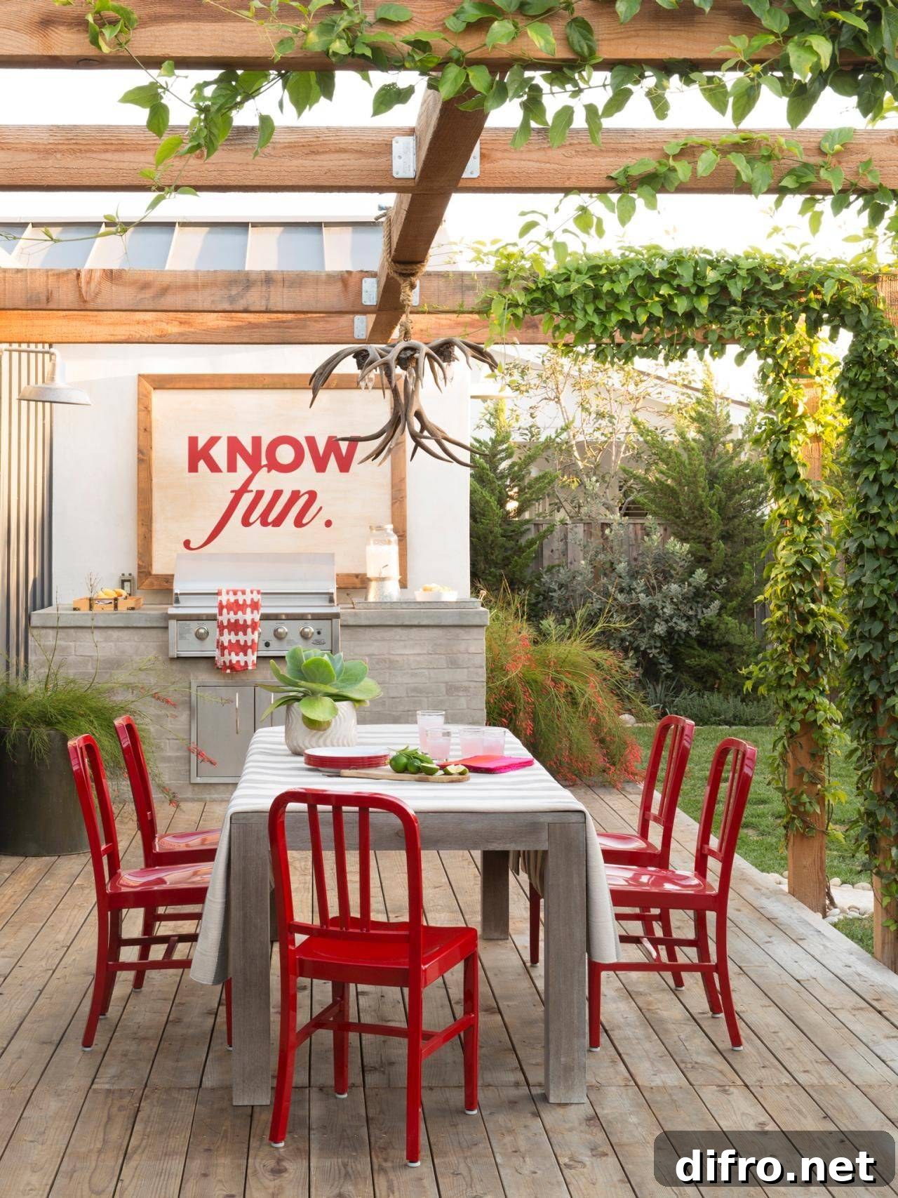 Modern Red Rustic Country Chic Decor Outdoor Dining Table Pergola Deck Grill