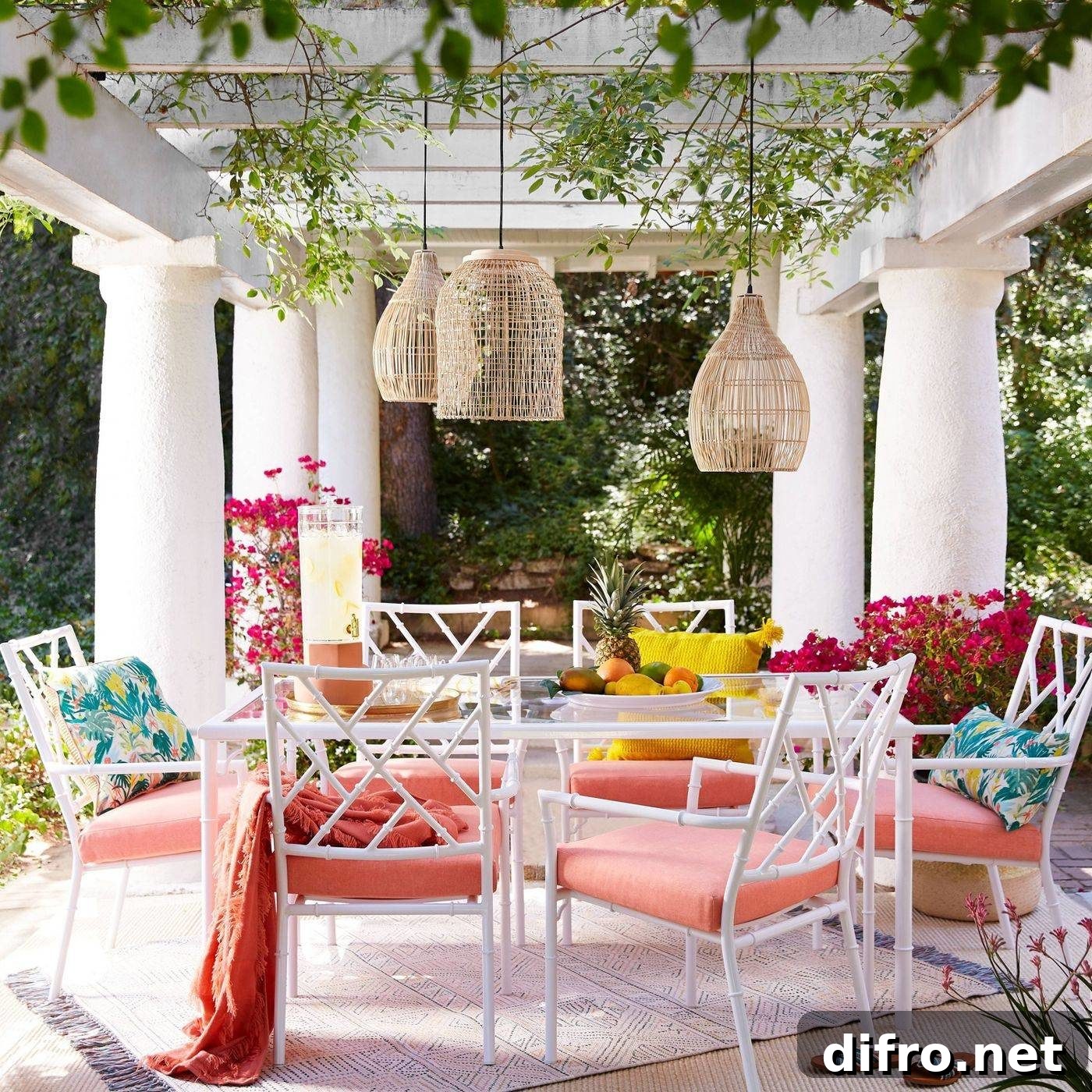 Chic Feminine White Peach Southern Pink Colorful Outdoor Patio Space Rattan Pendant Light Fringe Area Rug