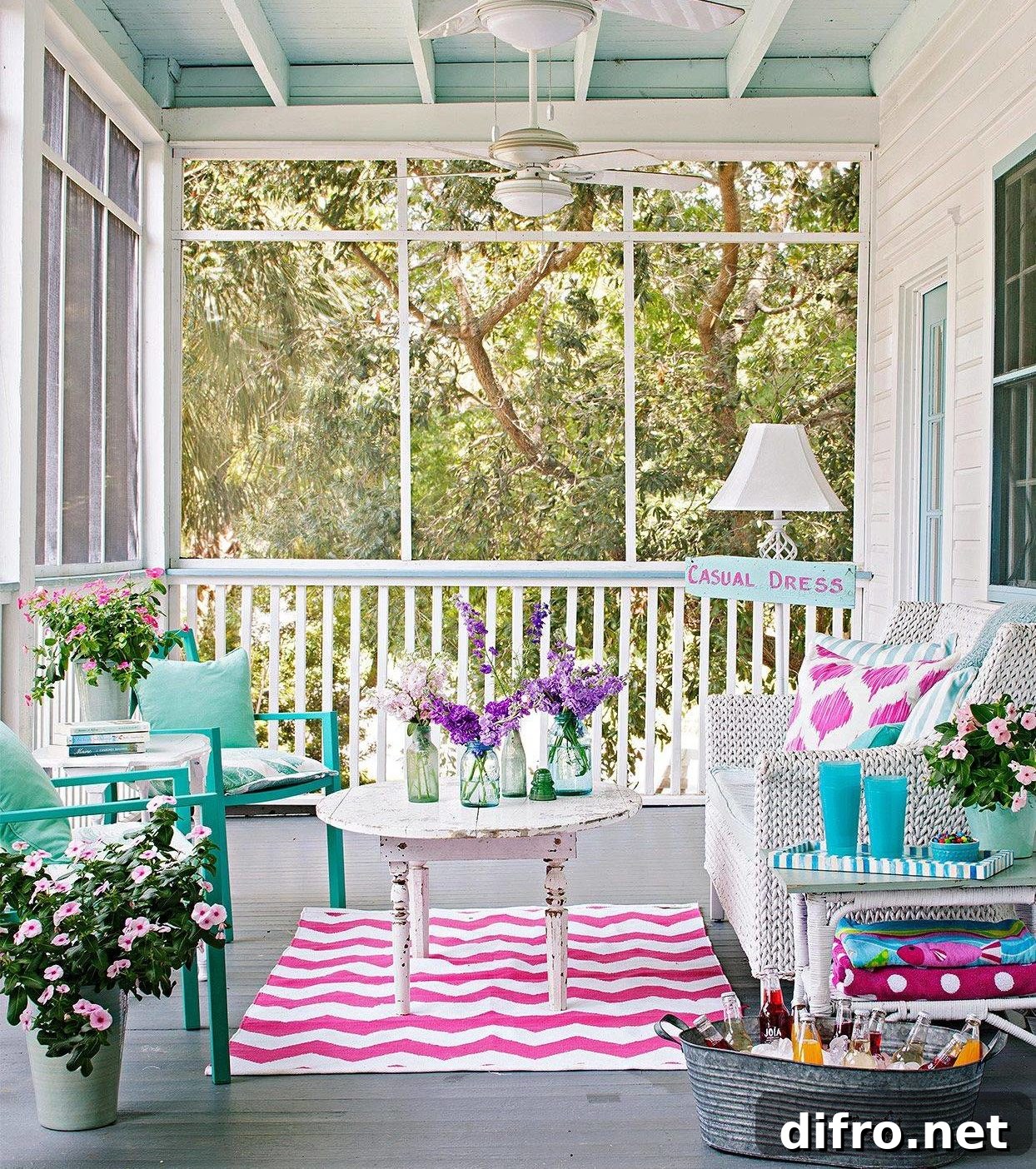 Modern Country Rustic Chic Porch Tiffany Blue Teal Aquamarine Sunroom Pink Chevron Area Rug