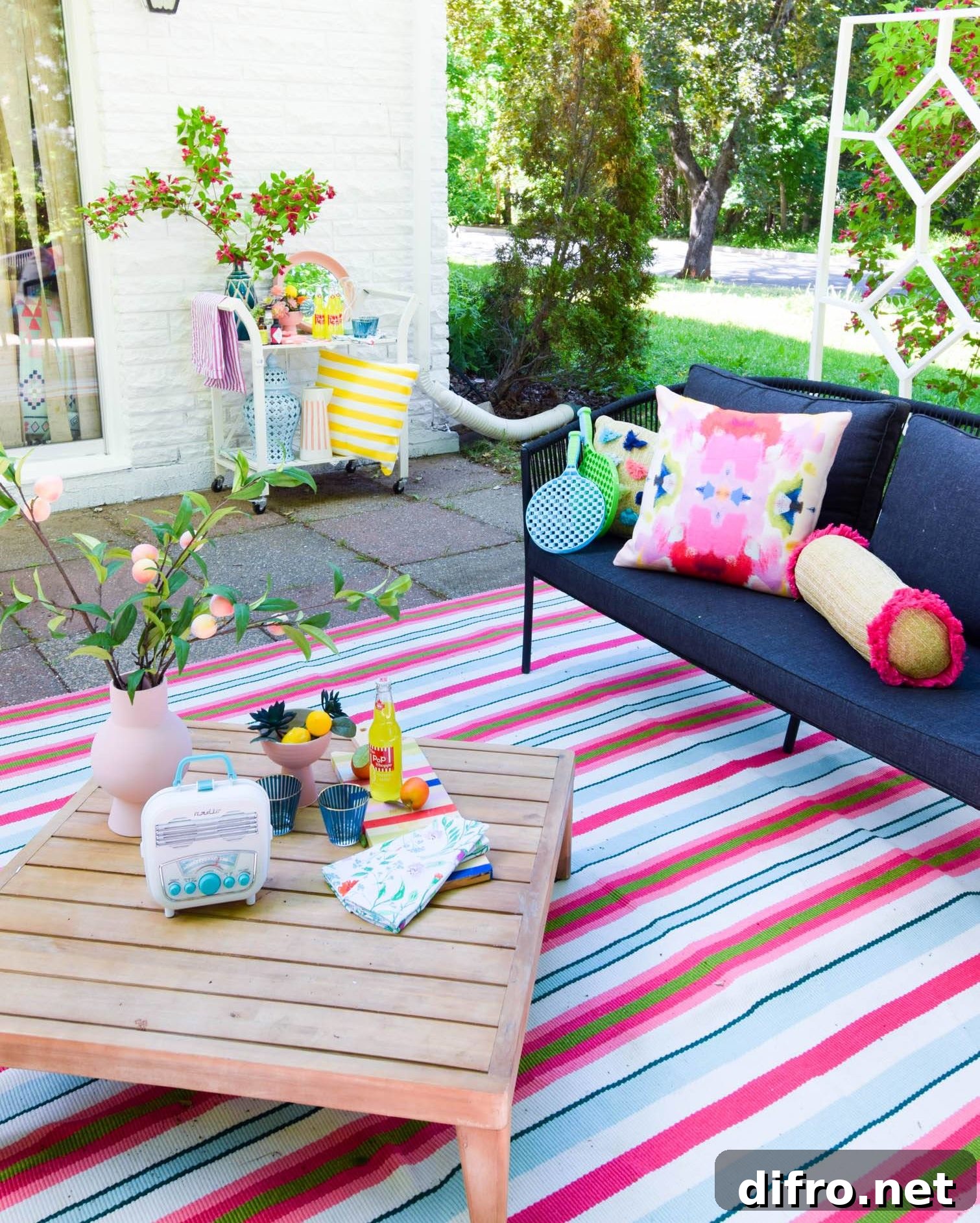 Pink and Green Striped Outdoor Area Rug Chic Patio Furniture Crate Table